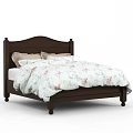 Classic Dark Brown Wooden Double Bed With Light Beige Pillows And Floral Pattern Quilt