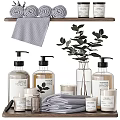 Daily Washing Essentials With Pump Bottles Candles Towels Eucalyptus And Wooden Shelf