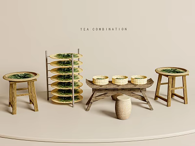 Traditional Tea Combination With Bamboo Rack Tea Bowls And Wooden Stools 3d model