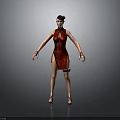 Woman Wearing Red Cheongsam with Short Hair Standing in Elegant Pose and High Heels