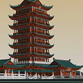 Traditional Chinese Multi story Pagoda Architectural Design With Green Roof And Surrounding Buildings