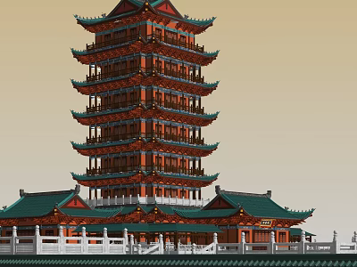 Traditional Chinese Multi story Pagoda Architectural Design With Green Roof And Surrounding Buildings 3d model