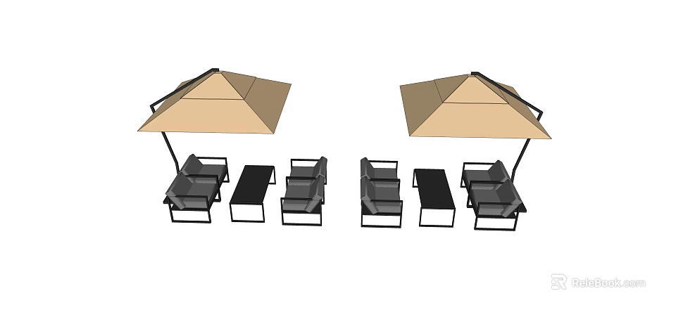 Outdoor Landscape Seating With Beige Canopies Black Framed Loungers And Side Tables 3d model 