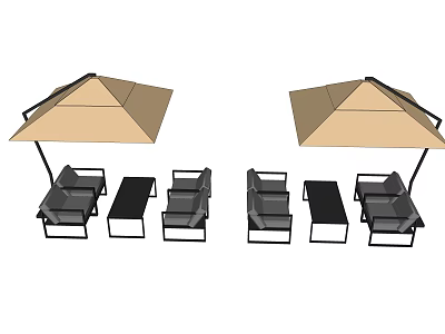 Outdoor Landscape Seating With Beige Canopies Black Framed Loungers And Side Tables 3d model