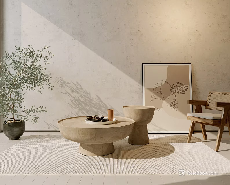 Round Concrete Coffee Table With Side Stool On Light Colored Rug And Green Plant 3d model 