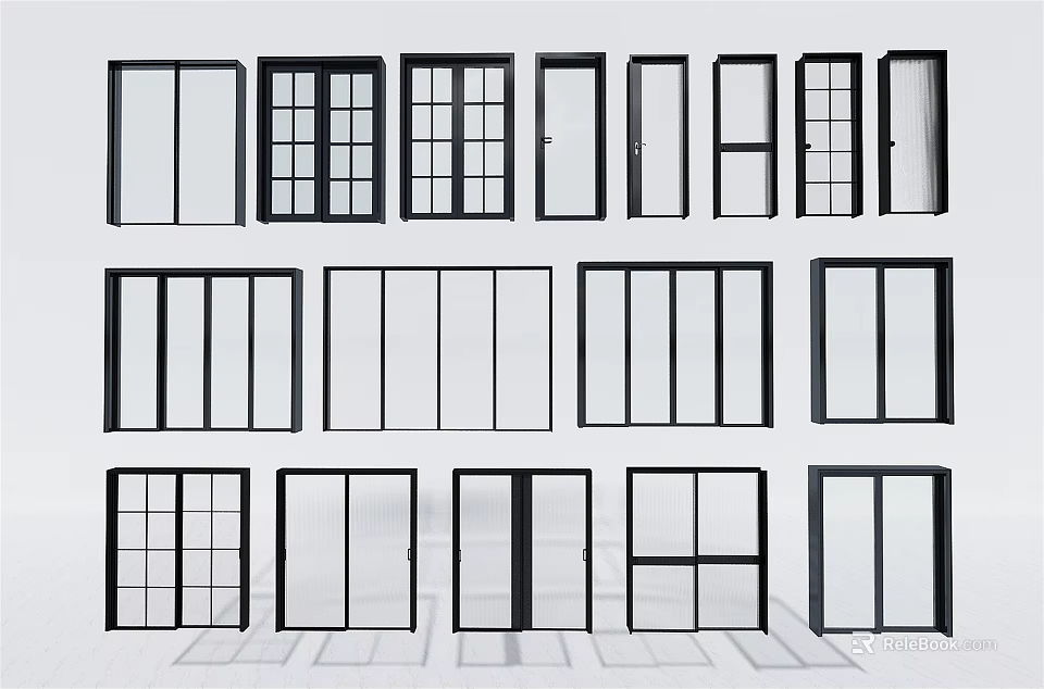 Various Window And Door Designs With Different Panel Styles For Home Use 3d model