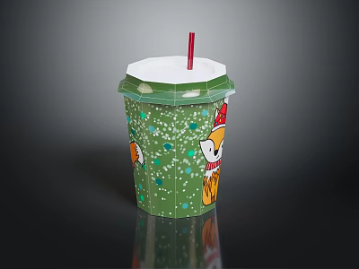 Decorative Green Paper Cup Featuring White Lid Red Straw And Cute Cartoon Patterns 3d model