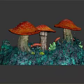 Vibrant Plant Scene Featuring Red Mushrooms With White Spots Lush Green Vegetation And Small Pond