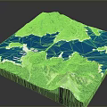 Detailed 3D Terrain Model With Green Mountainous Areas And Blue Water Bodies