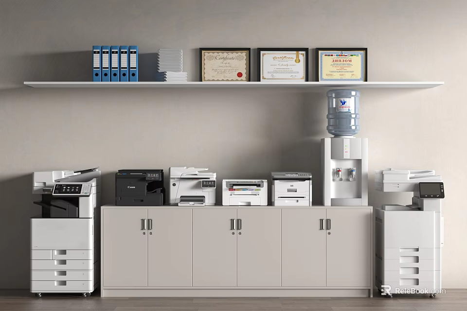 Modern Office Appliances Setup with Printers Water Dispenser Filing Cabinets Certificates and Folders on Shelf 3d model 