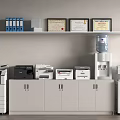 Modern Office Appliances Setup with Printers Water Dispenser Filing Cabinets Certificates and Folders on Shelf