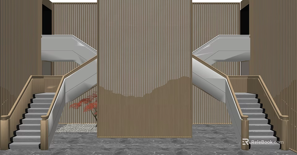 Modern Staircase With Wooden Vertical Striped Wall White Handrail And Small Red Plant 3d model 