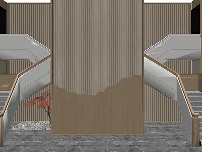 Modern Staircase With Wooden Vertical Striped Wall White Handrail And Small Red Plant 3d model