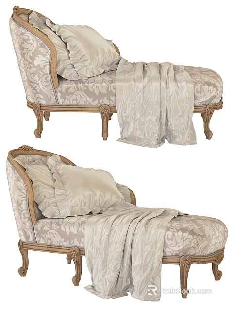 Elegant Vintage Chaise Lounge With Floral Silk Fabric Carved Wooden Legs And Decorative Pillows 3d model 