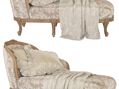 Elegant Vintage Chaise Lounge With Floral Silk Fabric Carved Wooden Legs And Decorative Pillows 3d model