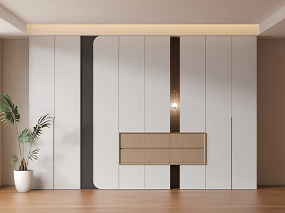 Modern Wardrobe With White Black Panels Central Light Brown Drawer Wooden Floor And Green Plant 3d model