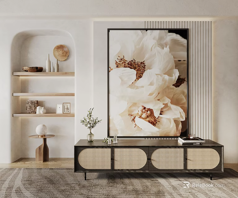 Stylish TV Cabinet With Rattan Panel Doors And Large Floral Painting In Minimalist Living Room 3d model 