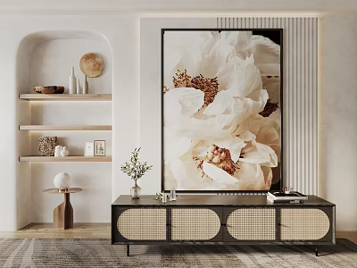 Stylish TV Cabinet With Rattan Panel Doors And Large Floral Painting In Minimalist Living Room 3d model