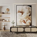 Stylish TV Cabinet With Rattan Panel Doors And Large Floral Painting In Minimalist Living Room
