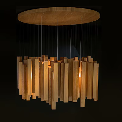 Abstract Geometric Pendant Light With Wooden Slats And Warm Glow Effect 3d model