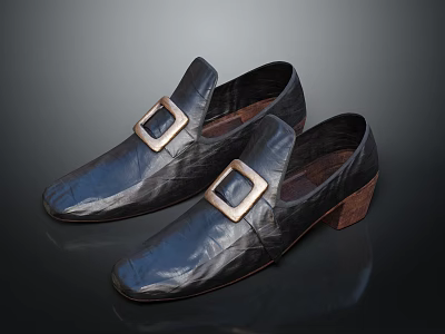Stylish Black Leather Loafers With Square Metal Buckle And Wooden Heel Design 3d model