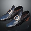 Stylish Black Leather Loafers With Square Metal Buckle And Wooden Heel Design