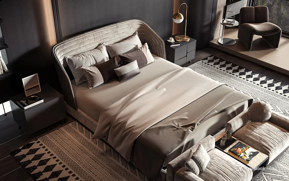 Modern Upholstered Double Bed With Neutral Bedding Multiple Pillows Nightstand Table Lamp And Area Rug 3d model 