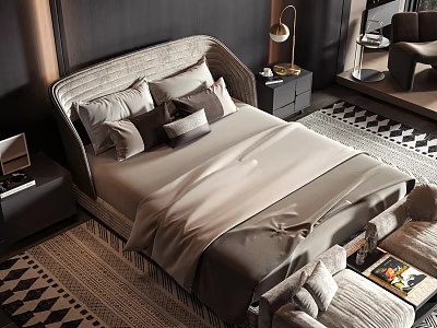 Modern Upholstered Double Bed With Neutral Bedding Multiple Pillows Nightstand Table Lamp And Area Rug 3d model