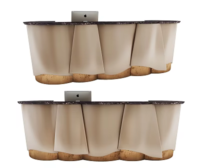 Modern Reception Desk With Dark Countertop Beige Pleated Cabinet Gold Base And Apple iMac 3d model