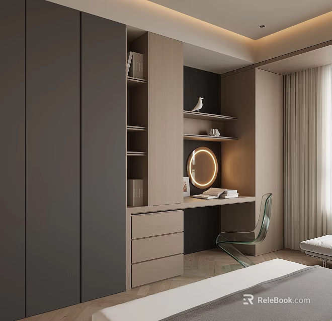 Modern Minimalist Desk Interior With Round Mirror Bookshelves And Green Chair 3d model 