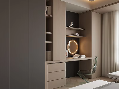 Modern Minimalist Desk Interior With Round Mirror Bookshelves And Green Chair 3d model