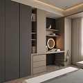 Modern Minimalist Desk Interior With Round Mirror Bookshelves And Green Chair