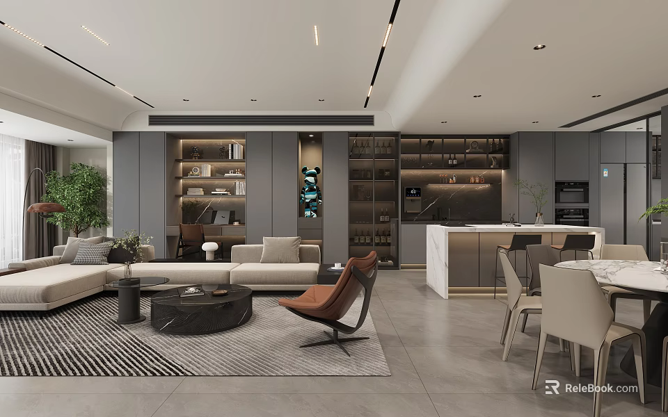 Modern Open Living Dining Room Interior With Sofa Dining Table And Cabinets 3d model