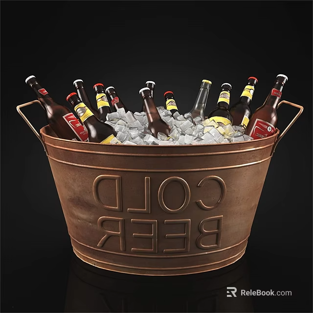 Brass Bucket Engraved With COLD BEER Filled With Ice Cubes And Multiple Beer Bottles 3d model 