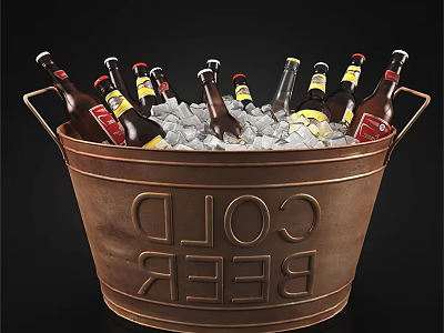 Brass Bucket Engraved With COLD BEER Filled With Ice Cubes And Multiple Beer Bottles 3d model
