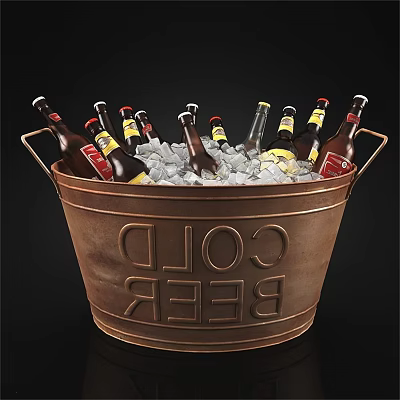 Brass Bucket Engraved With COLD BEER Filled With Ice Cubes And Multiple Beer Bottles 3d model