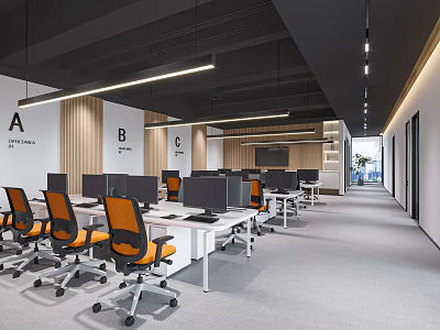 Modern Public Office Space with Desks Computers Orange Chairs and Linear Ceiling Lights 3d model