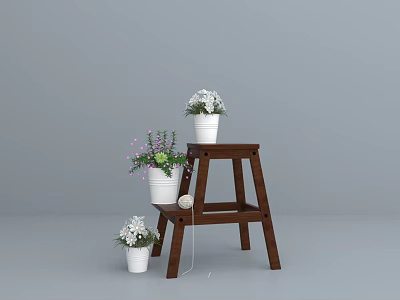 Garden Decor Featuring Wooden Ladder And White Planters With Various Flowers And Green Plants 3d model