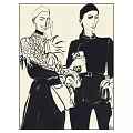 Black and White Illustration of Two People in Traditional Attire with Accessories