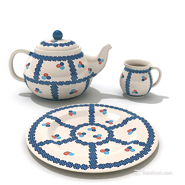 Blue And White Decorative Tea Set With Teapot Cup Plate And Red Blue Dot Patterns 3d model