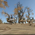 Desert Trees With Yellow Leaves Camel Caravan People Riding Camels Blue Sky Sunshine And Rocks