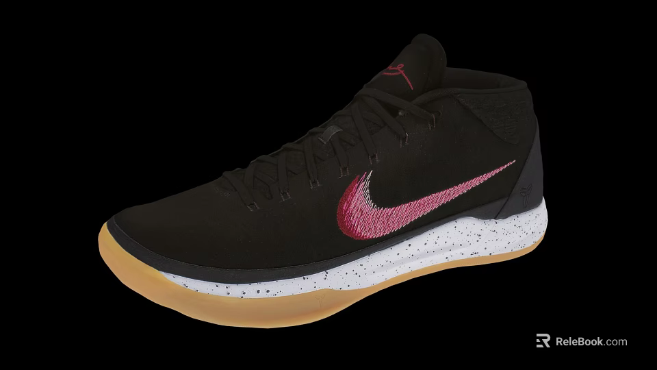 Black High Top Basketball Shoes With Red Nike Logo And White Speckled Beige Outsole 3d model 