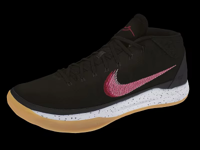 Black High Top Basketball Shoes With Red Nike Logo And White Speckled Beige Outsole 3d model