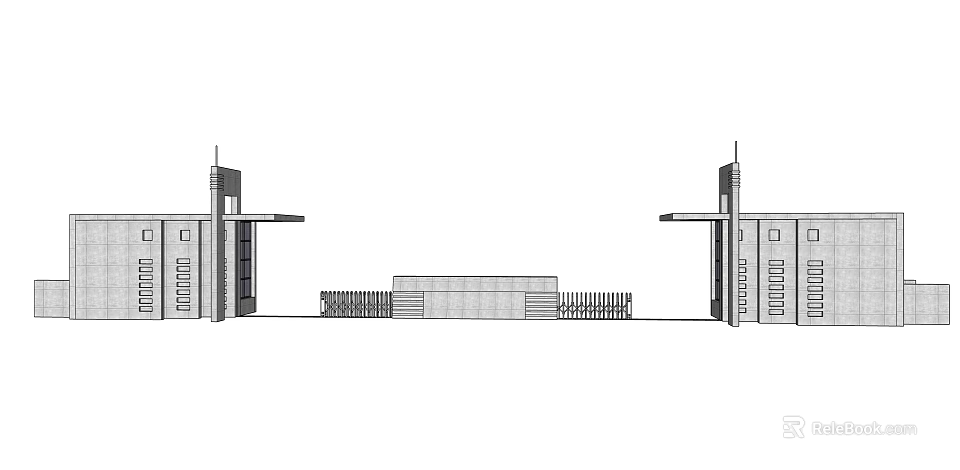 Modern Building Facade Design With Symmetric Towers And Linear Structures 3d model 