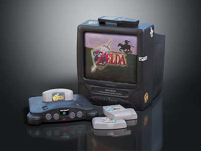 Vintage Gaming Console Displaying The Legend of Zelda With Game Controller And Cartridges 3d model