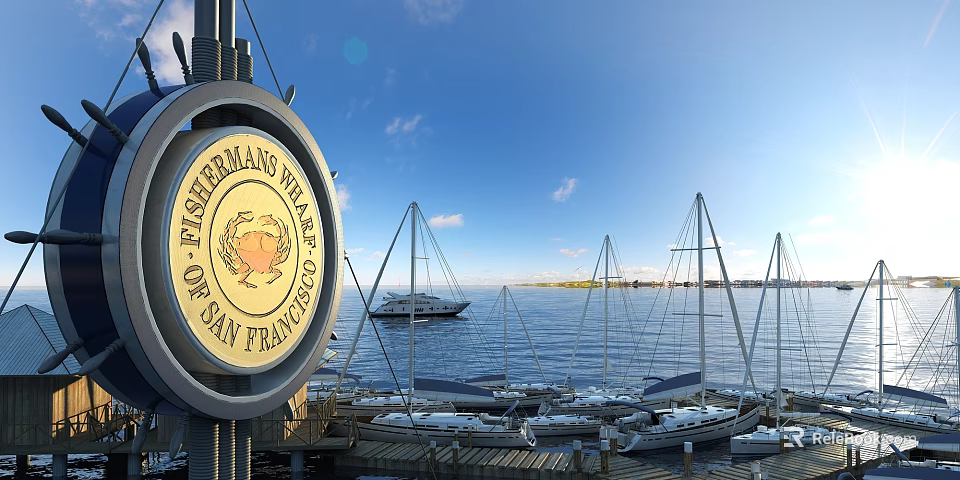 Scenic View of Pearlman's Wharf in San Francisco With Sailboats Yachts and Blue Ocean Sky 3d model 