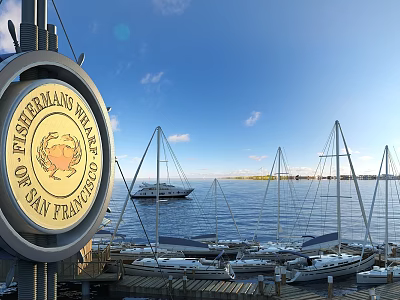 Scenic View of Pearlman's Wharf in San Francisco With Sailboats Yachts and Blue Ocean Sky 3d model