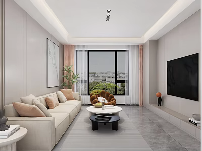 Modern Light Luxury Bright Living Room Interior With Cozy Sofa Coffee Tables And Large Windows 3d model