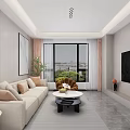 Modern Light Luxury Bright Living Room Interior With Cozy Sofa Coffee Tables And Large Windows