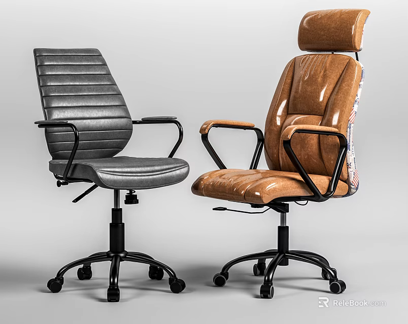 Modern Leather Office Chairs With Armrests And Swivel Wheels In Gray And Brown 3d model 